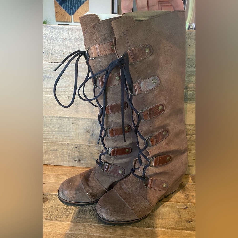 Sorel Joan of Arc wedge suede leather high lace up boots NL1918-248